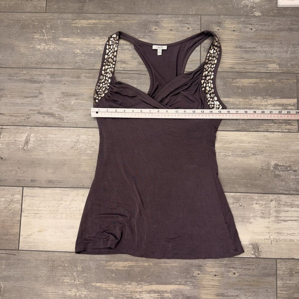 Vintage Cache Grey Top w/ Stones Sz. S (M) Sleeveless Figure Flattering - Picture 13 of 16